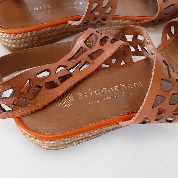 Eric Michael Genuine Leather Ankle Wrap Sandals Cognac Womens 9 Laser Cut Beach - Picture 5 of 7